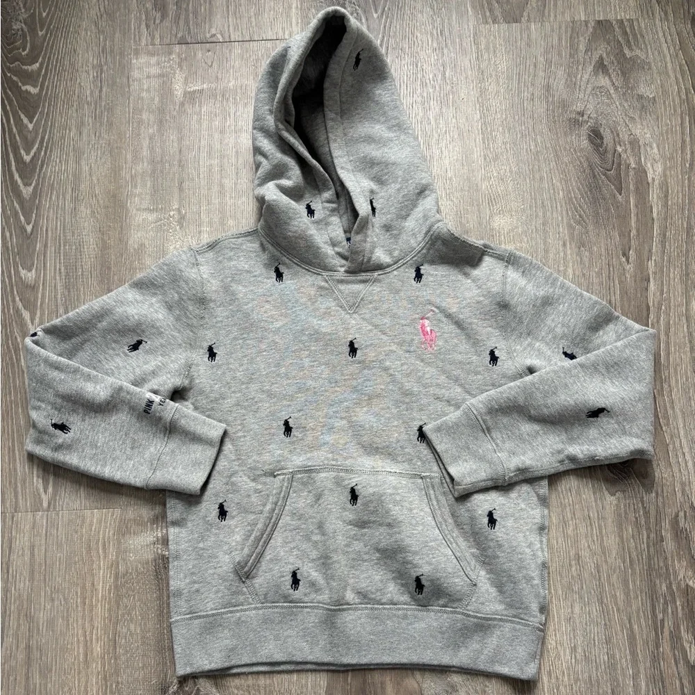 Ralph Lauren Pink Pony Gray Hoodie 20th Anniversary All Over Print Girls SZ M